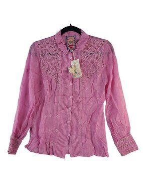 NEW Johnny Was Pink Harlem Button-Up Shirt With Embroidered Detailing Size Small
